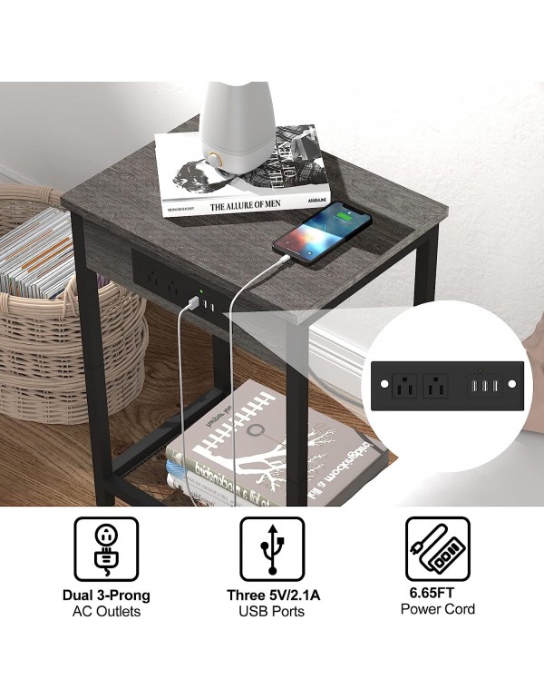 Nightstand with Charging Station Bedroom End Table Set of 2 Modern Side Table with USB Ports and outlets 2-Tier Dark Grey Bedside Table for Living Room Farmhouse Furniture