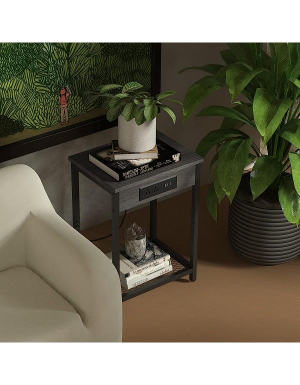Nightstand with Charging Station Bedroom End Table Set of 2 Modern Side Table with USB Ports and outlets 2-Tier Dark Grey Bedside Table for Living Room Farmhouse Furniture