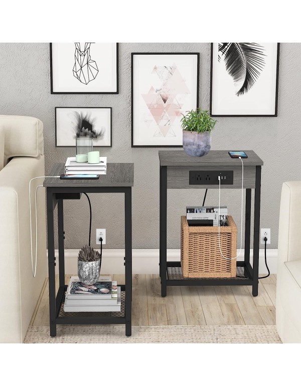 Nightstand with Charging Station Bedroom End Table Set of 2 Modern Side Table with USB Ports and outlets 2-Tier Dark Grey Bedside Table for Living Room Farmhouse Furniture