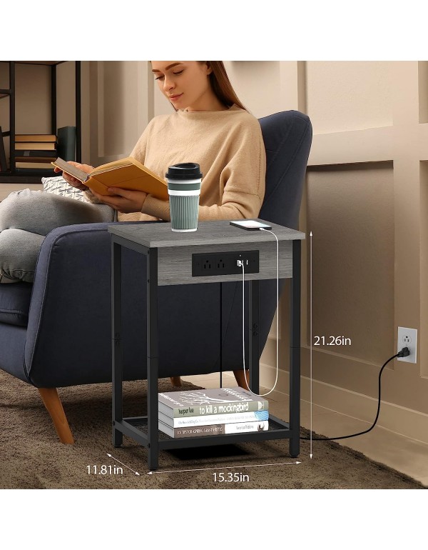 Nightstand with Charging Station Bedroom End Table Set of 2 Modern Side Table with USB Ports and outlets 2-Tier Dark Grey Bedside Table for Living Room Farmhouse Furniture