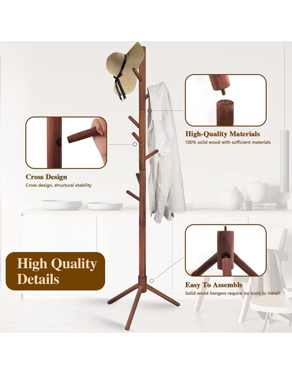 Z&L HOUSE Coat Rack Freestanding, Natural Solid Wooden Coat Tree, 8 Hooks And Adjustable Height Floor Hanger, Used In The Bedroom Living Room Office To Hang Clothes, Hats, Bags