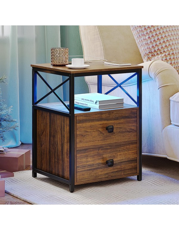 Lvifur LED Nightstand with Charging Station and 3 Color Dimmable Auto Sensor for Bedroom Furniture,Classical Bedside End Side Table Side Bed Table with 2 Drawers