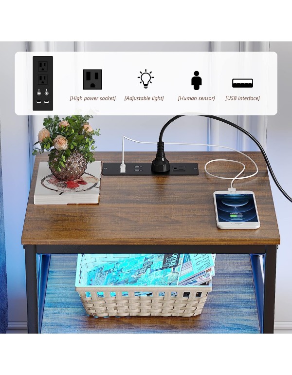 Lvifur LED Nightstand with Charging Station and 3 Color Dimmable Auto Sensor for Bedroom Furniture,Classical Bedside End Side Table Side Bed Table with 2 Drawers