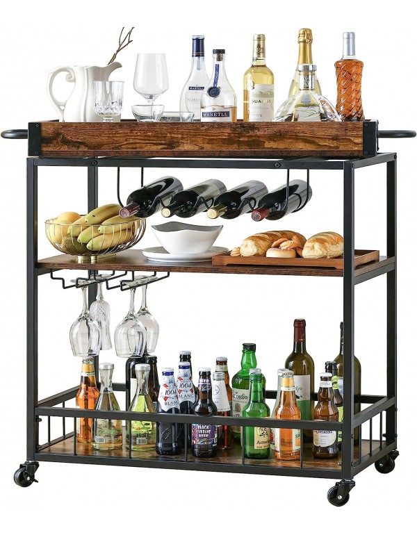 HCHQHS Stylish and Practical Bar Carts for Home, Kitchen, Living & Dining Room - Rustic-Industrial Design, Movable Tray, Wine Rack - Large Size for All Your Needs