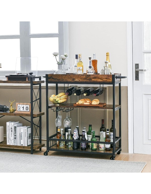 HCHQHS Stylish and Practical Bar Carts for Home, Kitchen, Living & Dining Room - Rustic-Industrial Design, Movable Tray, Wine Rack - Large Size for All Your Needs