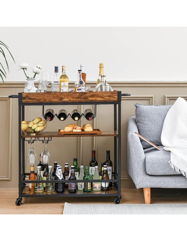 HCHQHS Stylish and Practical Bar Carts for Home, Kitchen, Living & Dining Room - Rustic-Industrial Design, Movable Tray, Wine Rack - Large Size for All Your Needs