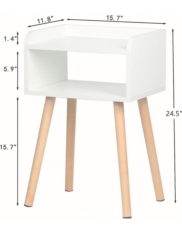 LUCKNOCK Nightstand, Mid-Century Modern Bedside Table with Solid Wood Legs, Adorable and Practical End Side Table with Open Storage Shelf, Fashion Bedroom Furniture White.