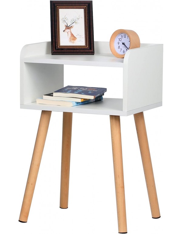 LUCKNOCK Nightstand, Mid-Century Modern Bedside Table with Solid Wood Legs, Adorable and Practical End Side Table with Open Storage Shelf, Fashion Bedroom Furniture White.