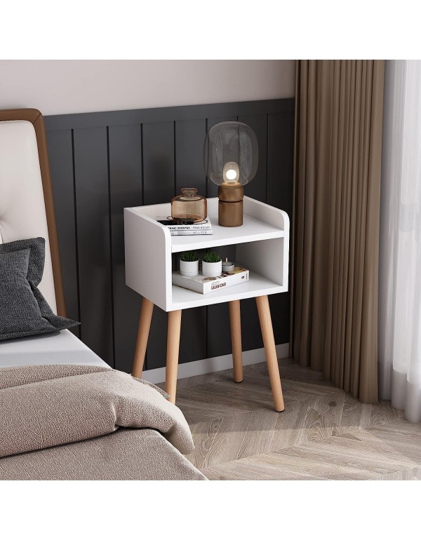 LUCKNOCK Nightstand, Mid-Century Modern Bedside Table with Solid Wood Legs, Adorable and Practical End Side Table with Open Storage Shelf, Fashion Bedroom Furniture White.