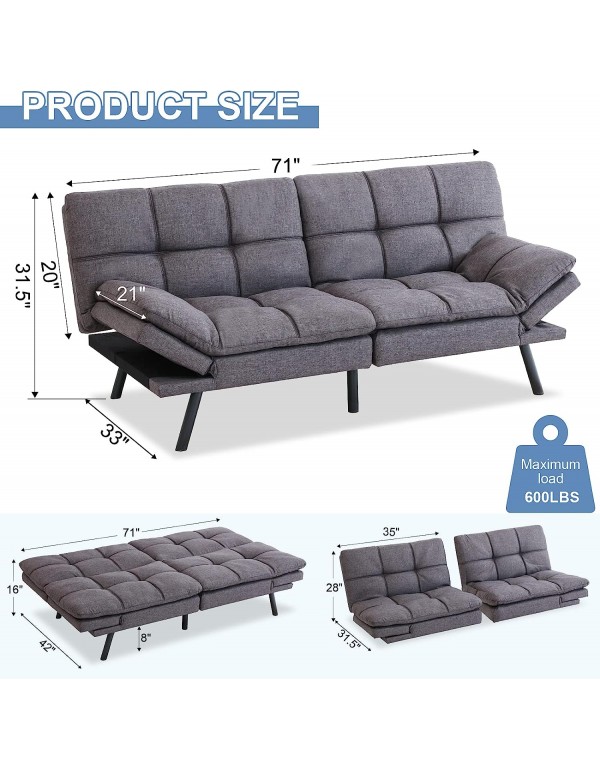 MUUEGM Futon Sofa Bed Couch Memory Foam Futon Bed,Modern Sofas for Living Room,Convertible Sleeper Sofa w/Removable Armrests,Love Seat for Compact Living Spaces Offices Dorm Bonus Room,Linen,Grey