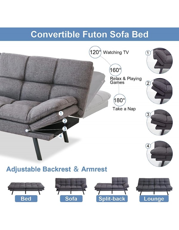 MUUEGM Futon Sofa Bed Couch Memory Foam Futon Bed,Modern Sofas for Living Room,Convertible Sleeper Sofa w/Removable Armrests,Love Seat for Compact Living Spaces Offices Dorm Bonus Room,Linen,Grey