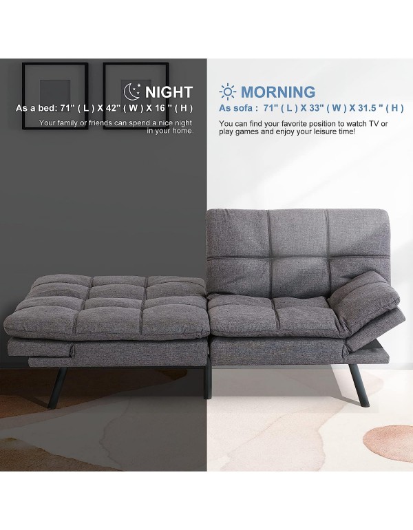 MUUEGM Futon Sofa Bed Couch Memory Foam Futon Bed,Modern Sofas for Living Room,Convertible Sleeper Sofa w/Removable Armrests,Love Seat for Compact Living Spaces Offices Dorm Bonus Room,Linen,Grey