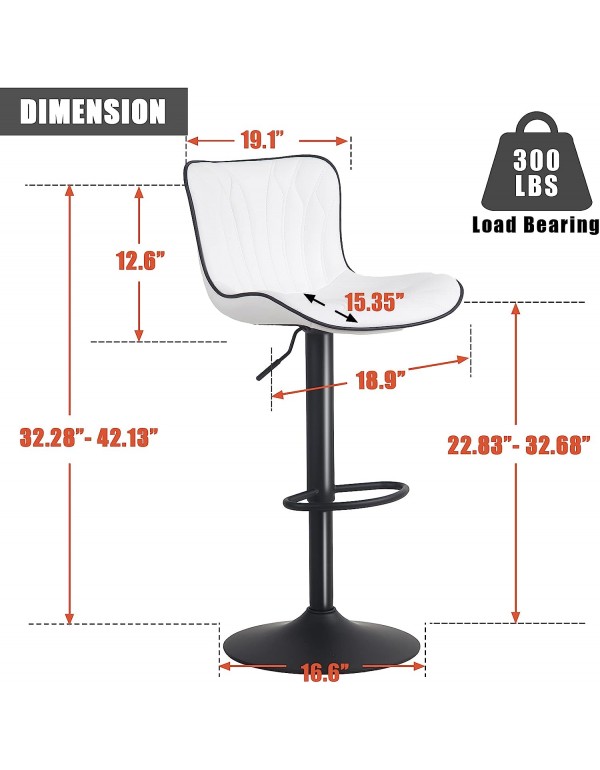 YOUNIKE Bar Stools Set of 2 Adjustable Swivel Barstools Faux Leather Upholstered Wing Back Breakfast Counter Stools, White, 3-5 Mins to Assemble, Loads 300lbs