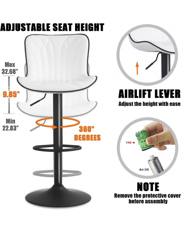 YOUNIKE Bar Stools Set of 2 Adjustable Swivel Barstools Faux Leather Upholstered Wing Back Breakfast Counter Stools, White, 3-5 Mins to Assemble, Loads 300lbs