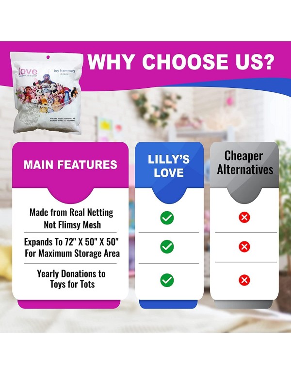 Lilly's Love Large Stuffed Animal Storage Net Hammock, Made w/Real Netting not Mesh, Organize the Chaos | 60" x 60 x 67" - Pink
