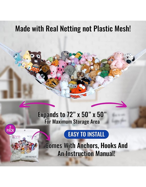 Lilly's Love Large Stuffed Animal Storage Net Hammock, Made w/Real Netting not Mesh, Organize the Chaos | 60" x 60 x 67" - Pink