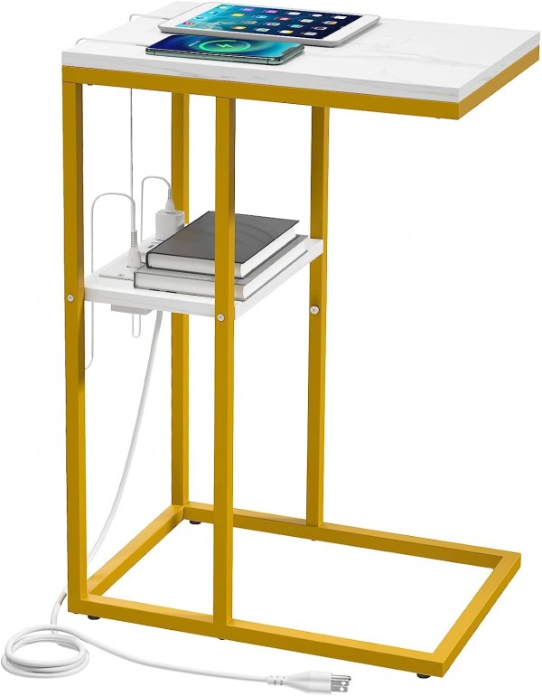 Yoobure C Shaped End Table with Charging Station, Small Side Tables for Living Room, Bedroom, Sofa Table with USB Ports and Outlets for Small Spaces, C Couch Table Rustic Snack Table Bed Side Table