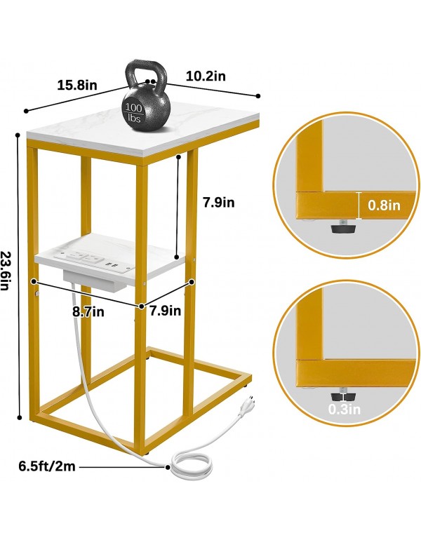 Yoobure C Shaped End Table with Charging Station, Small Side Tables for Living Room, Bedroom, Sofa Table with USB Ports and Outlets for Small Spaces, C Couch Table Rustic Snack Table Bed Side Table