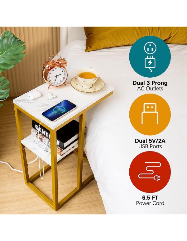 Yoobure C Shaped End Table with Charging Station, Small Side Tables for Living Room, Bedroom, Sofa Table with USB Ports and Outlets for Small Spaces, C Couch Table Rustic Snack Table Bed Side Table