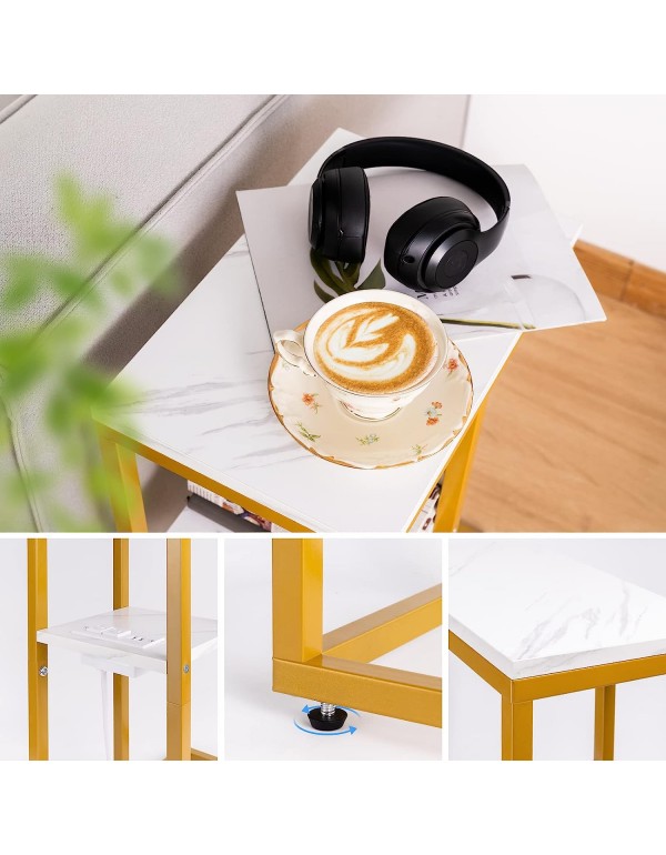 Yoobure C Shaped End Table with Charging Station, Small Side Tables for Living Room, Bedroom, Sofa Table with USB Ports and Outlets for Small Spaces, C Couch Table Rustic Snack Table Bed Side Table