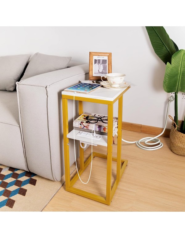 Yoobure C Shaped End Table with Charging Station, Small Side Tables for Living Room, Bedroom, Sofa Table with USB Ports and Outlets for Small Spaces, C Couch Table Rustic Snack Table Bed Side Table