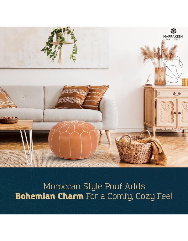 Marrakesh Gallery Genuine Leather Pouf Unstuffed - Moroccan Ottoman Footstool, Footrest Cover - Boho Decor - Bohemian Living Room, Bedroom, Kids Room, Gift & Wedding (Tan)