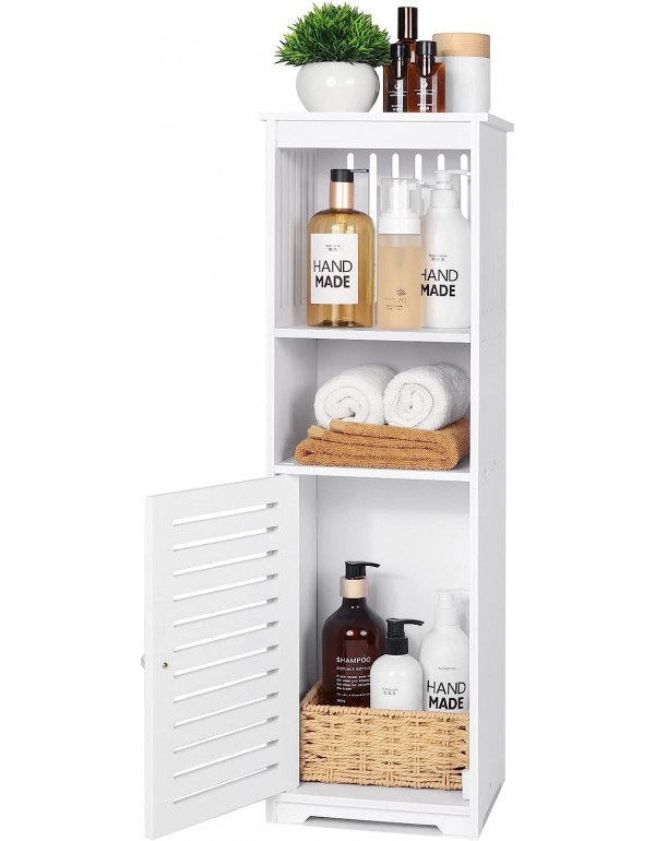 White Bathroom Floor Cabinet, Multi-Purpose Storage Cabinet Unit,Free Standing Bathroom Furniture Cabinet with 1door and 3 Tier Shelf for Living Room,Bedroom,Kitchen,Hallway