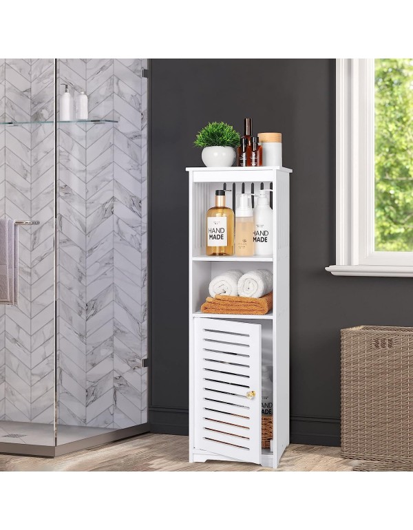 White Bathroom Floor Cabinet, Multi-Purpose Storage Cabinet Unit,Free Standing Bathroom Furniture Cabinet with 1door and 3 Tier Shelf for Living Room,Bedroom,Kitchen,Hallway