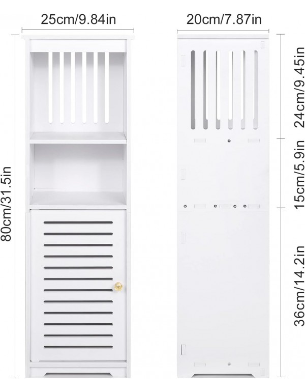 White Bathroom Floor Cabinet, Multi-Purpose Storage Cabinet Unit,Free Standing Bathroom Furniture Cabinet with 1door and 3 Tier Shelf for Living Room,Bedroom,Kitchen,Hallway